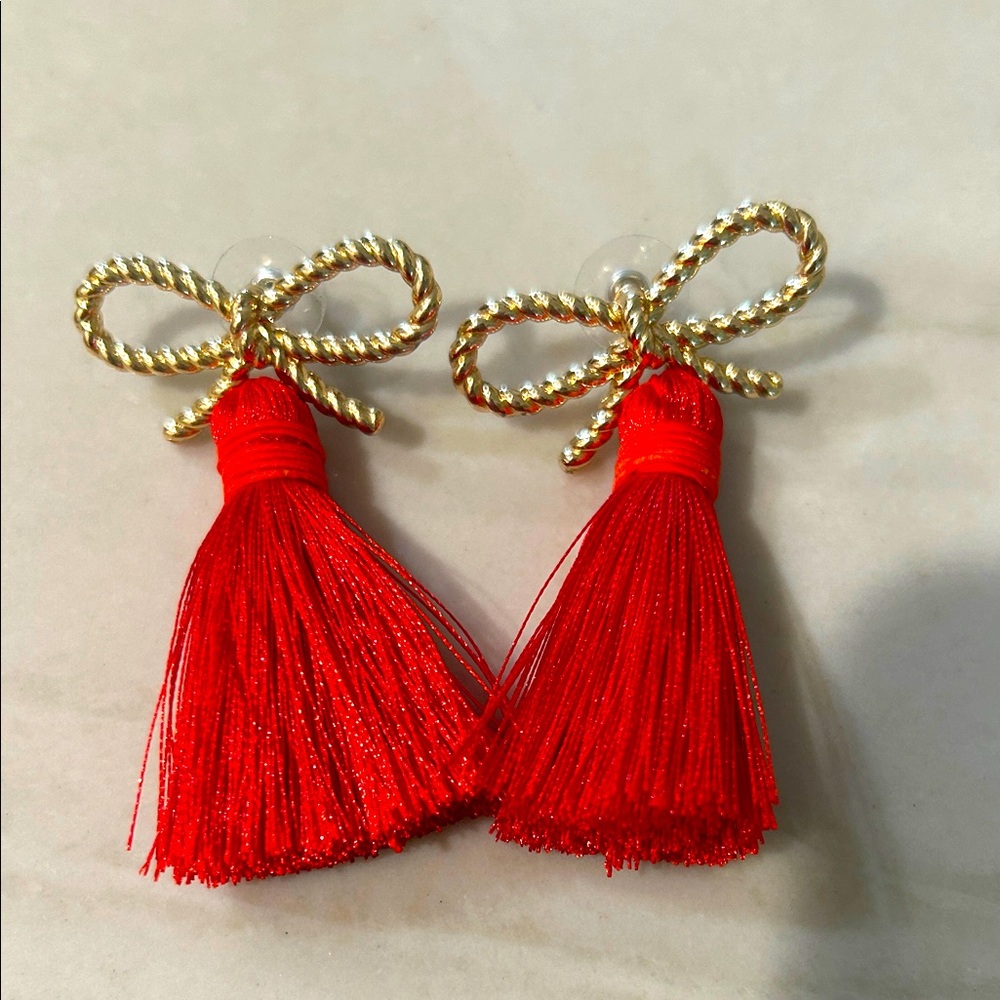Elegant Gold and Red Tassel Earrings
